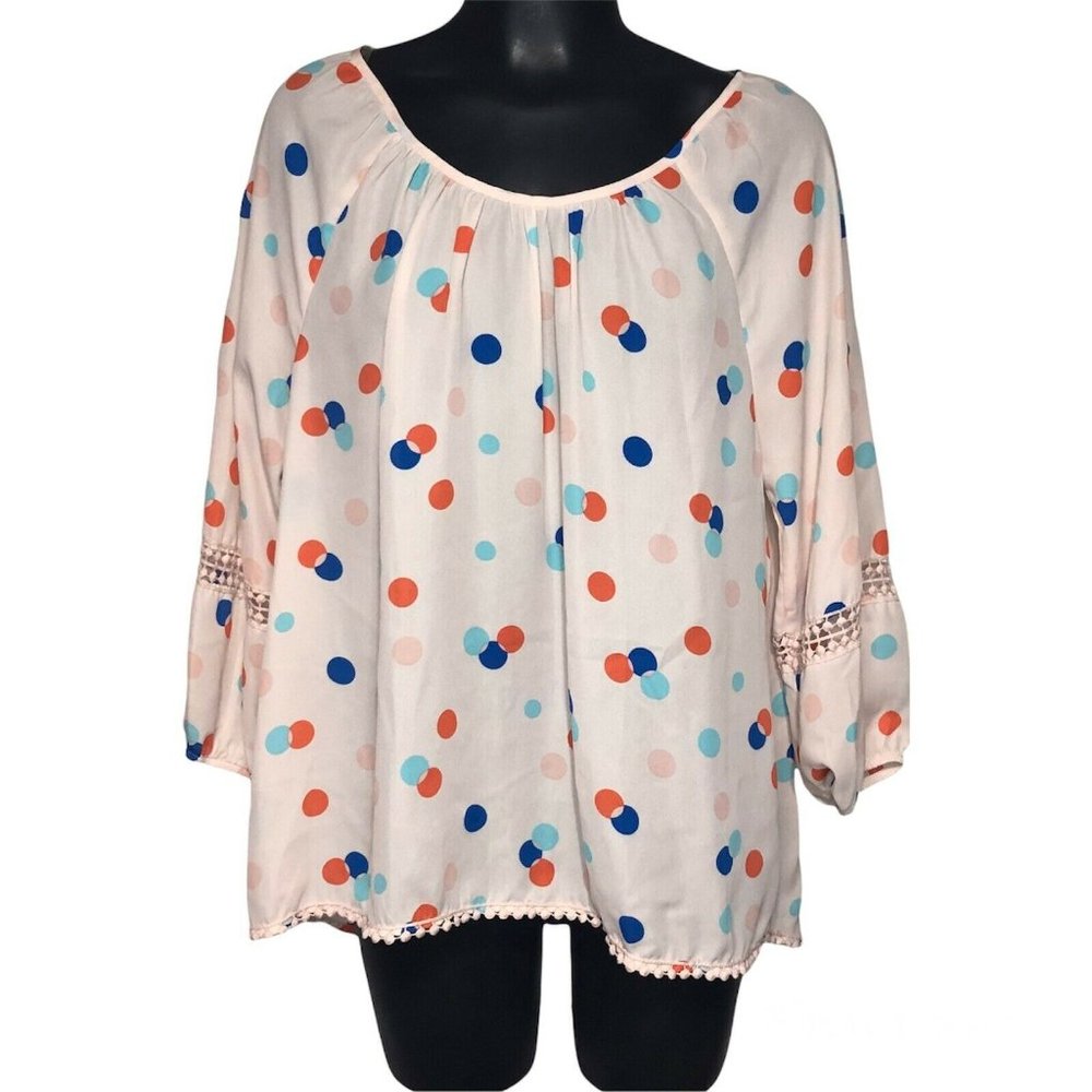 Copper Key Top Womens Sz M Pink Polka Dot Hi-Lo Lace Trim 3/4 Sleeve Blouse